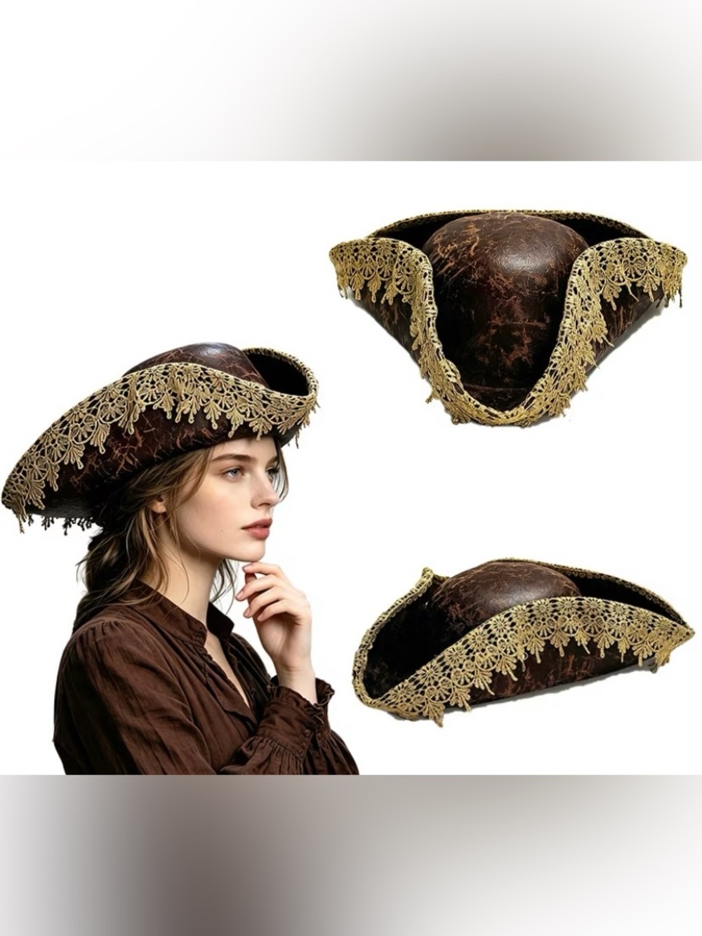 Victorian Lace Trim Brown Pirate Tricorn Hat - Unisex Accessories